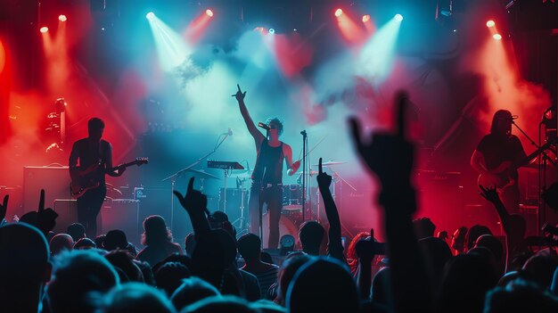 crowd goes wild as rock band performs stage lead singer belts out lyrics while guitarist drummer keep beat_14117 203119